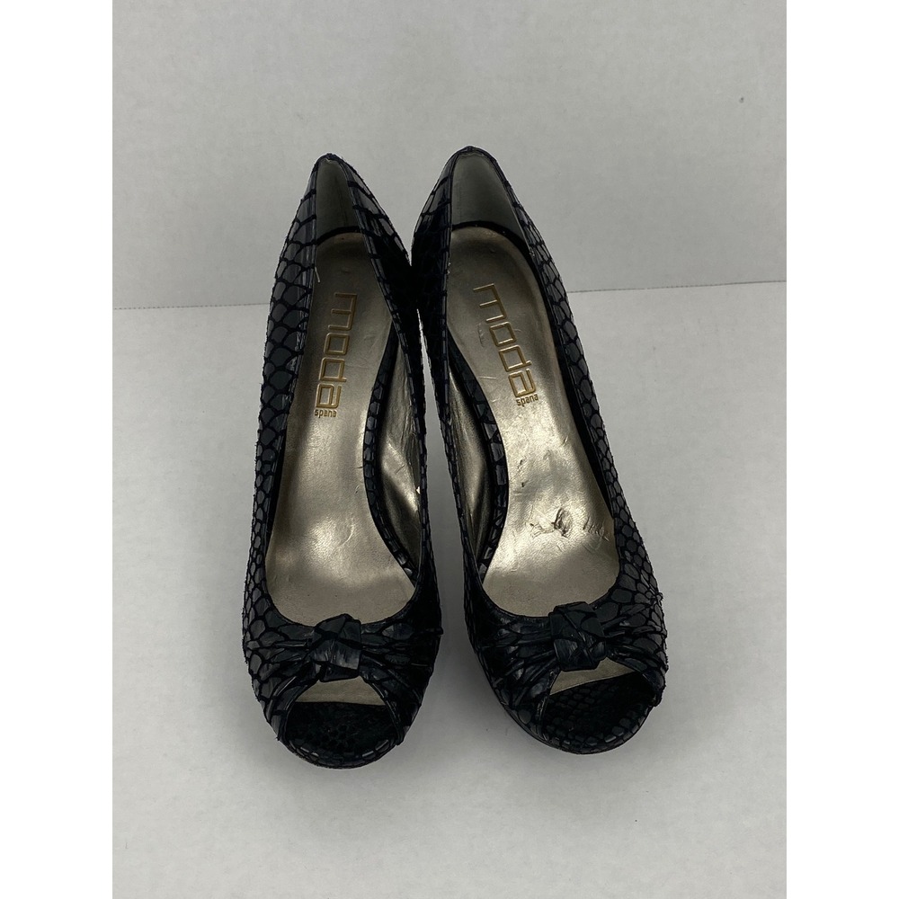 Moda Spana Black Faux Snakeskin Embossed Peep Toe Platform Pumps Heels‎ 7.5M